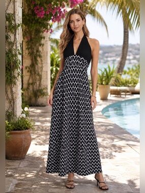 Spiaggia Dolce Black White Halter Maxi Dress XL Open Knit Beach Coverup